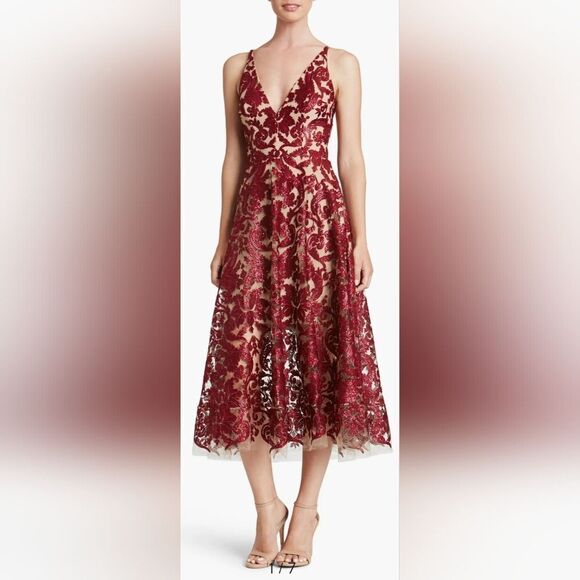 Dress The Population Blair Embellished Fit & Flare  Dress NWT sz XL Berry/Red - Picture 1 of 6